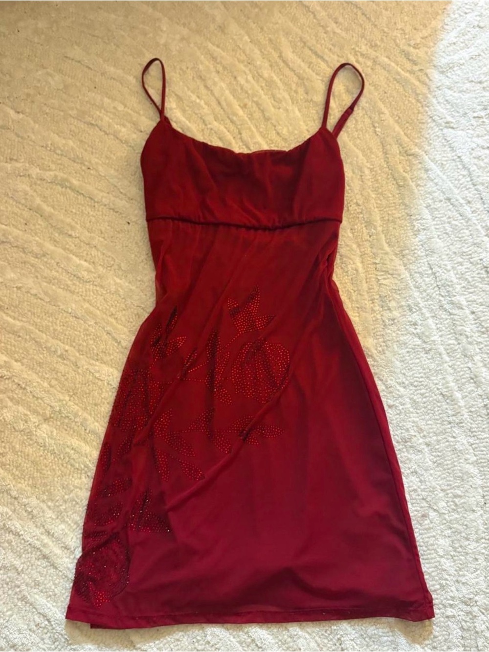 Red Spaghetti-Strap Mini Dress with Rhinestone Floral Accents